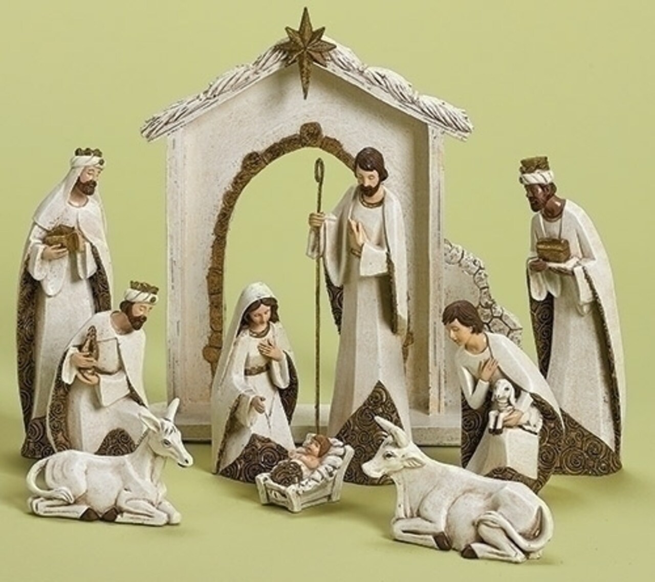 Roman 10-Piece Ivory and Gold Religious Christmas Nativity Figurine Set